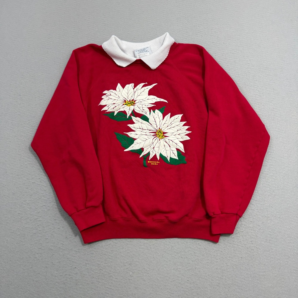 Vintage Morning Sun Sweatshirt Women's Large Red Poinsettia Christmas Hanes 90s